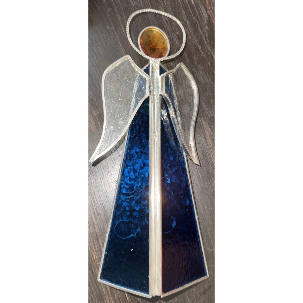 Vintage Blue Stained Glass Angel Figurine Glass  10.50" X 4" - Picture 7 of 7